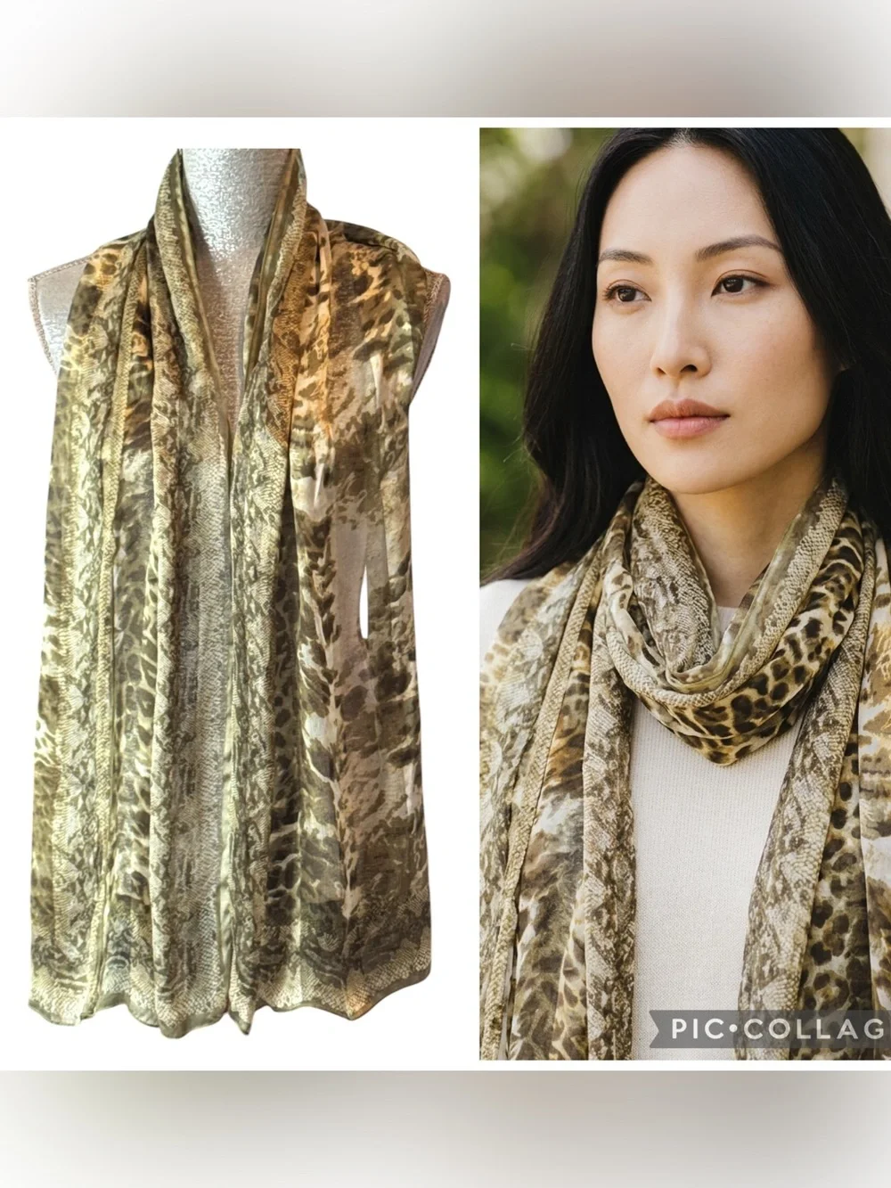 NWT Christian Fischbacher Silk Animal Print Oblong Scarf Wrap Olive Cream OS